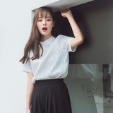 新韩版夏季宽松显瘦欧根纱短袖T恤格子上衣娃娃领女学生修身白色