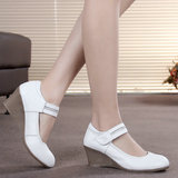 高品质真皮搭扣女鞋白色护士鞋坡跟软底舒适浅口单鞋高跟工作皮鞋