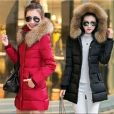 2015女装冬季新款韩版中长款修身撞色大毛领羽绒棉衣棉服加厚外套