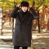 2015冬季新款男装韩版英伦休闲中长款宽松黑色羊毛呢大衣男士外套