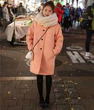 韩国原单羊毛呢子料女装春装2016新款潮橘粉冰激凌色夹棉外套大衣