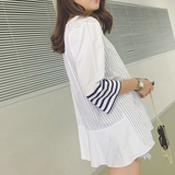 果果家 宽松条纹中长款七分袖白色T恤女 夏季韩版拼接荷叶边上衣