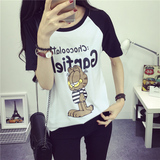 韩版夏季女士卡通短袖T恤 学院风学生半袖加菲猫修身时尚圆领体恤