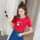 夏季休闲圆领短袖红色t恤女韩国版卡通印花上衣修身显瘦打底体恤