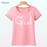 非众纯棉粉色短袖T恤女修身 学生大码简约字母半袖 2016韩版夏装