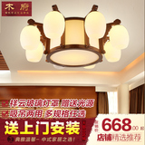 现代新中式客厅吸顶灯实木圆形LED卧室灯创意玻璃大气餐厅灯具