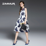 ZIMMUR2016夏季新款女装OL通勤无袖提花A字裙时尚气质修身连衣裙