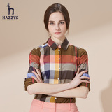Hazzys哈吉斯春夏新款长袖格子衬衫 女士韩版修身方领纯棉衬衣