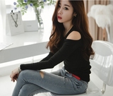 2015秋季新品韩版修身显瘦黑色漏肩长袖T恤女紧身打底衫潮流上衣
