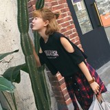 韩国ulzzang夏季女装原宿风字母印花短款学生露肩上衣短袖T恤女潮