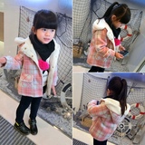 2015新款韩版秋冬装女童格子棉衣外套 儿童羊羔绒连帽夹棉呢大衣