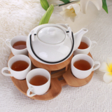 推荐6人陶瓷纯白茶壶简约茶杯加热装置竹木架 高档潮州产茶具套装