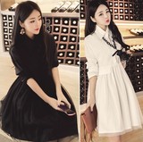 欧洲站2016新款韩版网纱拼接POLO领衬衫裙白色长袖蓬蓬连衣裙显瘦