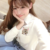 2016秋季新款韩版猫咪刺绣衬衫女修身显瘦纯棉翻领长袖打底白衬衣
