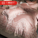 欧式床品四件套60支公主风蕾丝边贡缎纯色纯棉四件套刺绣