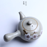 包邮宜兴精品粗陶侧把壶仿复古日式桃花瓷单柄手工绘功夫茶壶茶具