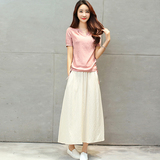 2016韩版女装衣裙小香风套装棉麻短袖T桖衫白长裙A字步裙子两件套