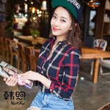 2016秋装新款韩版时尚休闲经典红黑格子衬衫长袖亚麻衬衣女装上衣