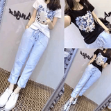 2016夏装韩版女装植物印花宽松短袖T恤+棉麻九分裤休闲两件套装
