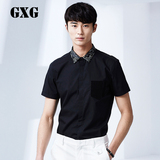 GXG男装 夏装男士时尚修身款黑色印花领短袖衬衫男#52123003