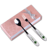 陶瓷印花不锈钢叉子水果叉小勺子组合套装 抗菌创意餐具叉勺礼盒