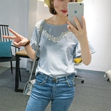 韩版夏装蕾丝装饰喇叭袖宽松短袖T恤女上衣服潮 学生少女半袖体恤