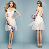 白色蕾丝短礼服包肩高银色腰带V领可爱订婚礼服生日晚装短款婚纱