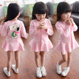 2016夏季新品韩版太空棉中小童女童粉色长袖连衣裙史努比卡通童裙