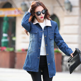 牛仔棉服加绒女 2015韩版中长款修身显瘦加厚羊羔毛大码冬季外套
