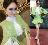 2015新款韩版名媛气质时尚斗篷外套小香风毛呢大衣套装+短裙两件