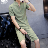 夏季新款潮流韩版修身纯色棉麻V领短袖T恤短裤薄款男套装两件套