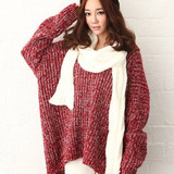 2015韩国代购秋装新款前短后长不对称毛衣宽松V领蝙蝠袖针织衫女