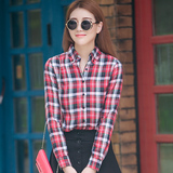 kkh2016春装新款格子衬衫女长袖韩版修身纯棉学生女衬衣大码衫