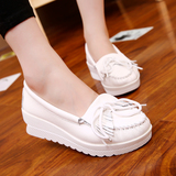 圣诗丹特韩版护士鞋真皮夏季流苏小白鞋坡跟女鞋白色休闲鞋单鞋