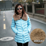2015韩版冬装女式修身加厚棉袄兔毛领显瘦中长款羽绒棉衣棉服外套