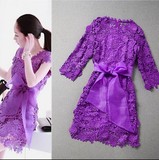 高端新款连衣裙夏中长款修身无袖春秋女装蕾丝刺绣包臀紫色特价