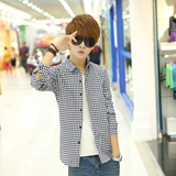 2016夏季新款男士青年标准衬衣印花男装格子男士长袖韩版衬衫
