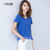 Amii短袖t恤女 韩国修身显瘦夏季2016新款 百搭棉质圆领拼雪纺