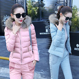 2015冬季新款韩版休闲时尚女装加厚羽绒棉服两件套修身棉衣套装潮
