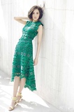 米兰时装周古力娜扎明星同款2016新款绿色镂空蕾丝无袖连衣裙女夏