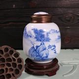景德镇陶瓷青花手绘山水宝胆瓶合金盖双层密封茶叶罐储物罐