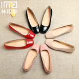 IINZI 正品休闲方头通勤低帮纯色平跟气质森女系女士漆皮浅口单鞋