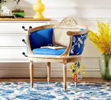 美式新古典欧洲进口白榉木家具手工雕花蓝色布艺单人沙发椅圈椅