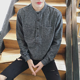 男士长袖圆领衬衫2016秋季新品磨毛纯色学生衬衣韩版文艺青年寸衫
