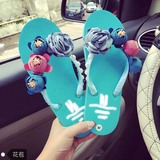 唯美蓝色花朵韩国进口手工拖鞋沙滩鞋海边度假平跟平底夹趾人字拖