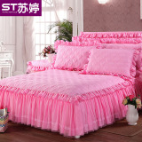 婚庆大红蕾丝花边床套绗缝夹棉加厚单件床裙加厚保暖床罩1.51.8米