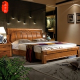 榆木床1.51.8米实木床简约现代中式实木家具双人床婚床储物高箱床