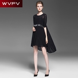 WVFV欧美2016秋季女装圆领不规则燕尾宽松显瘦黑色中袖雪纺连衣裙