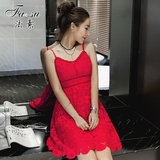 法素2016夏装新款性感红色吊带蕾丝露背露肩无袖连衣裙女韩系短裙