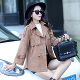 2015韩版品牌秋冬季女式鹿皮绒短款修身显瘦大码双排扣风衣外套